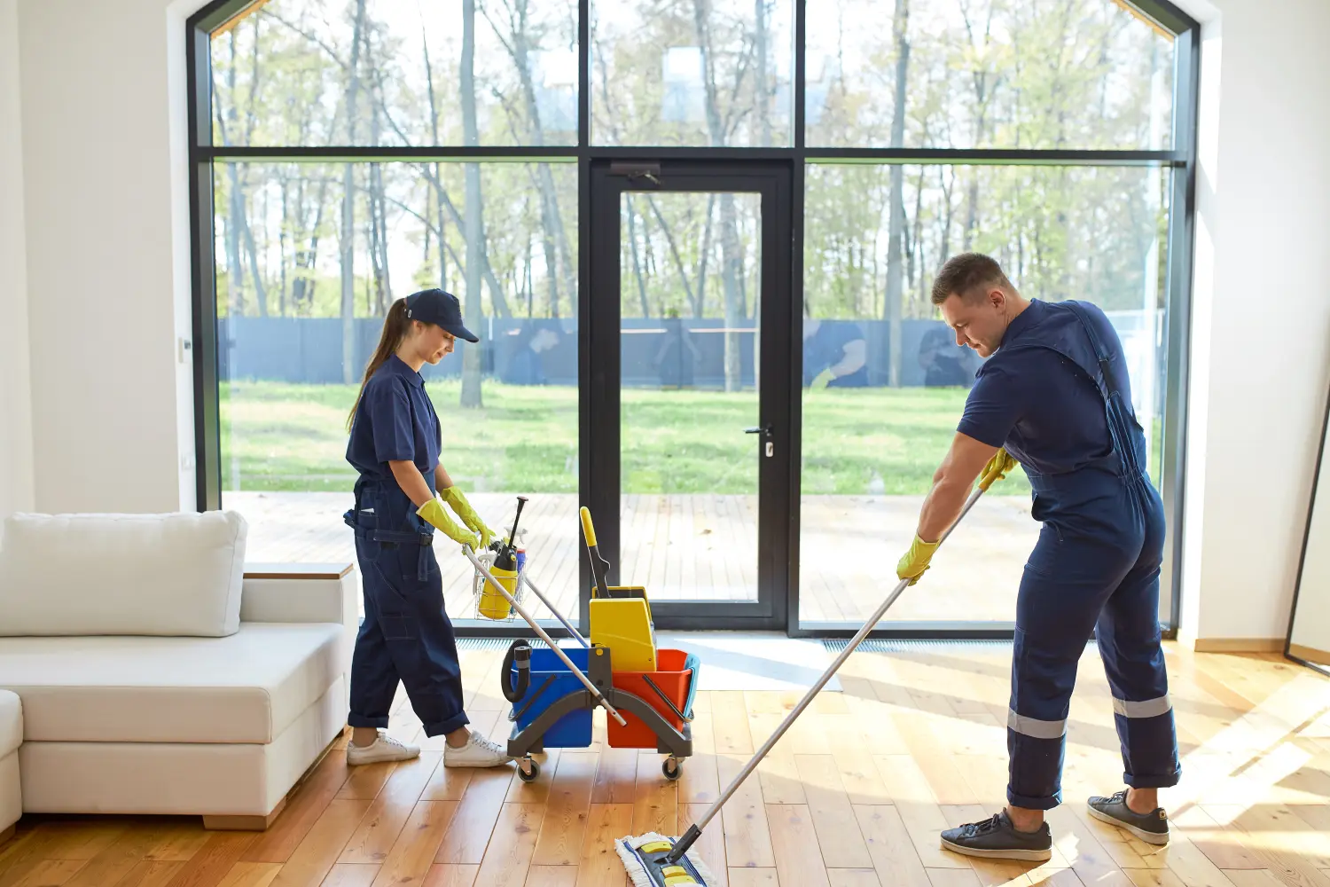 Kaukasische Hausmeister in blauer Uniform waschen den Boden, benutzen Reinigungsmittel, Panoramafensterhintergrund, Blick auf den Garten